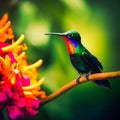 exotic colibri hummingbird on a flower tropic garden, generative AI