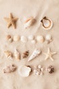 Exotic collections of white and beige seashells and starfish on sand background for aesthetic summer poster