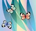 Exotic colorful butterflies on fantasy leaves background, vector illustration