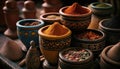 Exotic colorful spices and herbs at the market. Ceramic terracotta pots of Turkish tea. Traditional antique stall.