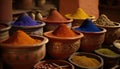 Exotic colorful spices and herbs at the market. Ceramic terracotta pots of Turkish tea. Traditional antique stall.