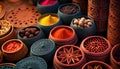 Exotic colorful spices and herbs at the market. Ceramic terracotta pots of Turkish tea. Traditional antique stall.