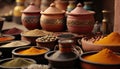 Exotic colorful spices and herbs at the market. Ceramic terracotta pots of Turkish tea. Traditional antique stall.