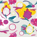 Exotic colorful tropical fruits Dragon fruit Pitaya Pitahaya Flowers and leaves Seamless background pattern Royalty Free Stock Photo