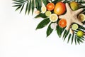 Exotic composition of seashells, starfish, mango, lemons, oranges, lime fruit and lush green palm leaves isolated on