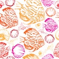 Exotic coral fishes and shells illustration seamless pattern