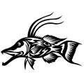 Exotic, decorative fish predator. Emblems for t-shirts, logo or tattoo with scribbles, outline outline design linear elements