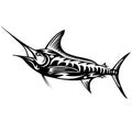 Exotic, decorative fish sword. Emblems for t-shirts, logo or tattoo with scribbles, outline design linear elements