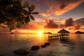 exotic destination, with view of the sun setting over the horizon