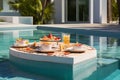 Exotic dining floating breakfast table by the resort pool, tropical delight
