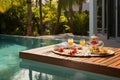 Exotic dining floating breakfast table by the resort pool, tropical delight