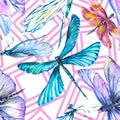 Exotic dragonfly wild insect. Watercolor background illustration set. Seamless background pattern.