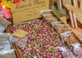 Exotic dried Moroccan roses for sale at a local outdoor farmers market in Nice, France