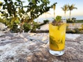 Exotic drink on stone setting with tropical background