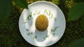 Exotic Durian Fruit on a White Plate Surrounded by Green Moss and Leaves Royalty Free Stock Photo