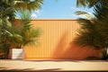 Exotic escape 3D rendering showcases orange wooden wall, palms, and sandy shore