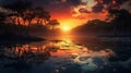 Exotic Fantasy Landscape: Serene Sunset Reflection In A Mangrove Forest