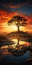 Exotic Fantasy Landscape: A Stunning Tree Beside A Puddle