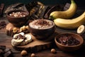 exotic fast food preparation, with ingredients such as bananas and coconut mixed with chocolate and nuts