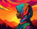 An exotic female Muslim in a vibrant hijab stands out against a colorful landscape poised and proud.. AI generation