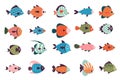 Exotic fish collection. Cartoon marine underwater wildlife, colorful ocean life characters, fish zoo decor and wildlife