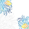 Exotic Fishes of Coral reef against abstract pattern. Good for tshirt prints and souvenirs and sale banner. Royalty Free Stock Photo