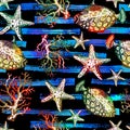 Exotic fishes, corals and starfishes colorful seamless pattern.