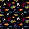 Exotic fishes, sea corals. Neon lighting seamless background. Watercolor