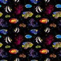 Exotic fishes, sea corals. Neon lighting seamless background. Watercolor