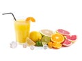 Exotic flat lay. Orange juice with exotic citrus fruits around