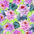 Exotic floral seamless pattern. Large pink lotus flowers with stems and leaves on bright green background. Hand drawn illustration Royalty Free Stock Photo