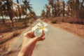 Exotic flower in the hand of a tourist on rural road. Asia travel and holiday concept Royalty Free Stock Photo