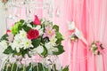 Exotic flowers arrangement over pink and white fab Royalty Free Stock Photo