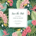 Exotic flowers and leaves. Tropical style. Toucan bird. Wedding invitation template. Vector illustration