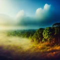 Exotic foggy forest. Jungle panorama, forest oasis. Foggy dark forest. Natural forest landscape. 3D .