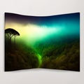 Exotic foggy forest. Jungle panorama, forest oasis. Foggy dark forest. Natural forest landscape. 3D .