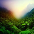 Exotic foggy forest. Jungle panorama, forest oasis. Foggy dark forest. Natural forest landscape. 3D .