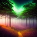 Exotic foggy forest. Jungle panorama, forest oasis. Foggy dark forest. Natural forest landscape. 3D .