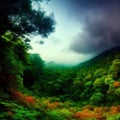 Exotic foggy forest. Jungle panorama, forest oasis. Foggy dark forest. Natural forest landscape. 3D .