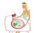 Exotic food travel: frogs, snakes, crickets. A blonde at a table with reptiles on a plate. Humorous illustration isolated on white