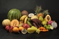 Exotic fruit arrangement on black background