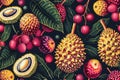 Exotic Fruit Assortment with Durian, Rambutan, Pitaya, and Cherries on a Dark Background in a Seamless Pattern Royalty Free Stock Photo