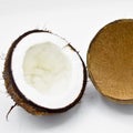 Exotic fruit coconut with brown surface. Fiber, circle.