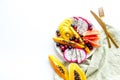 Exotic fruit dish with dragon fruit and papaya, top view Royalty Free Stock Photo