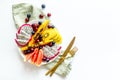 Exotic fruit dish with dragon fruit and papaya, top view Royalty Free Stock Photo