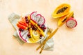 Exotic fruit dish with dragon fruit and papaya, top view Royalty Free Stock Photo