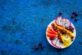 Exotic fruit dish with dragon fruit and papaya, top view Royalty Free Stock Photo