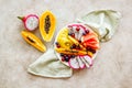 Exotic fruit dish with dragon fruit and papaya, top view Royalty Free Stock Photo