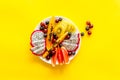 Exotic fruit dish with dragon fruit and papaya, top view Royalty Free Stock Photo