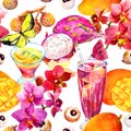 Exotic fruit drinks, cocktail - seamless tropical pattern. Mango, dragon fruit, litchi, orchid flowers, butterflies